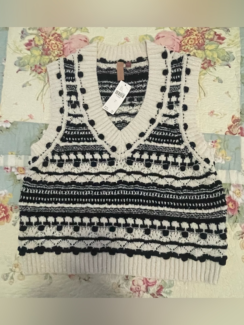 Pilcro Black and Cream Fair Isle V-Neck Sweater Vest